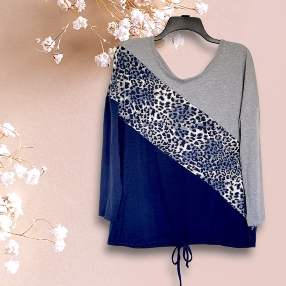 Absolutely Famous Blue & Gray with Leopard Print Pullover‎ Top Size XL